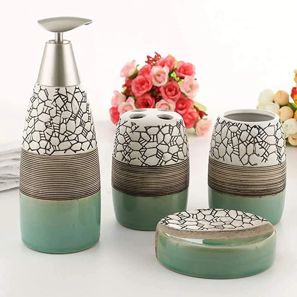 ست سرامیکی لوازم بهداشتی ۴ تکه Skywalk - شامل جا مایع صابون، لیوان، جا صابونی، جا مسواکی برای دکوراسیون حمام و هدیه منزل