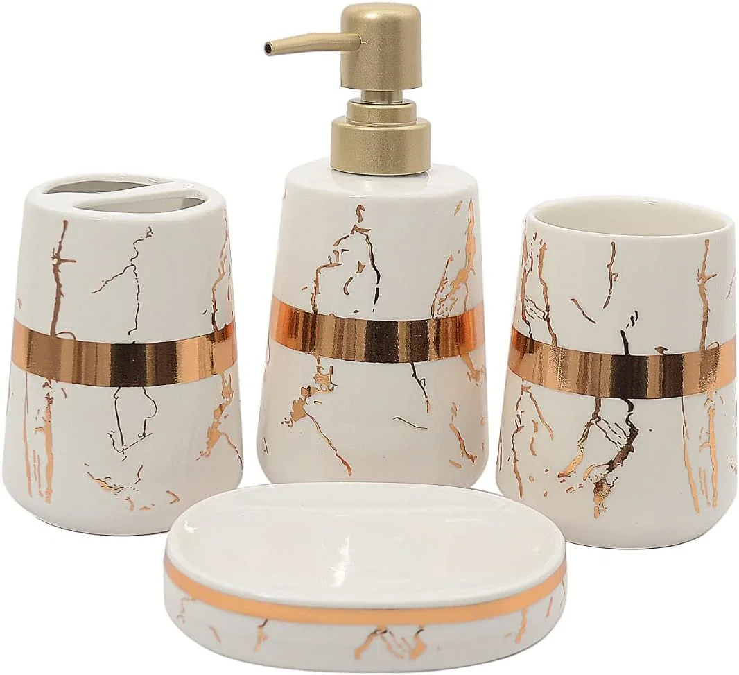 ست سرامیکی لوازم بهداشتی ۴ تکه Skywalk - شامل جا مایع صابون، لیوان، جا صابونی، جا مسواکی، مناسب برای دکوراسیون حمام و هدیه منزل