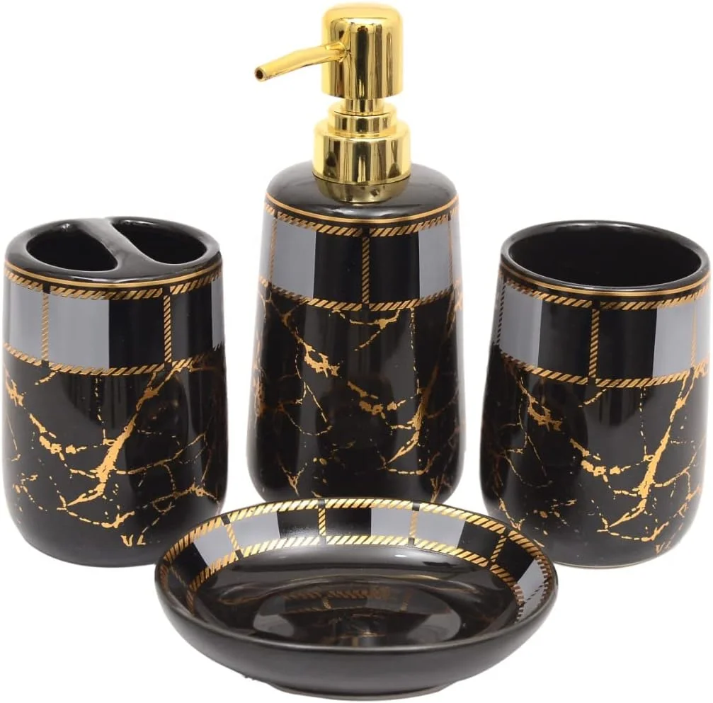 ست سرامیکی ۴ تکه لوازم بهداشتی Skywalk - شامل جای مایع دستشویی، لیوان، جای صابون، جای مسواک برای دکوراسیون حمام و هدیه منزل - مشکی