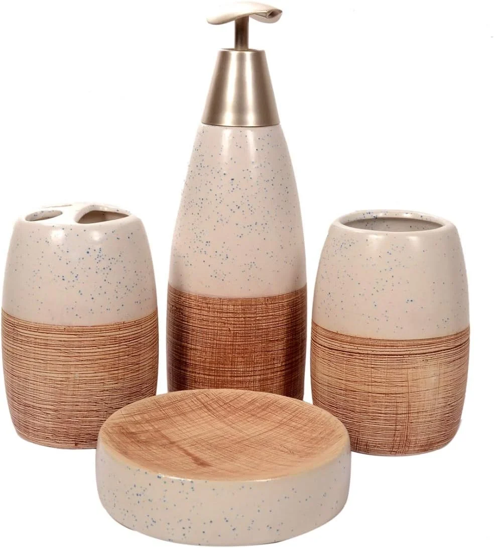 ست سرامیکی ۴ تکه لوازم بهداشتی Skywalk - شامل جا مایع صابون، لیوان، جا صابونی، جا مسواکی برای دکوراسیون حمام و هدیه منزل (رنگ سفید)