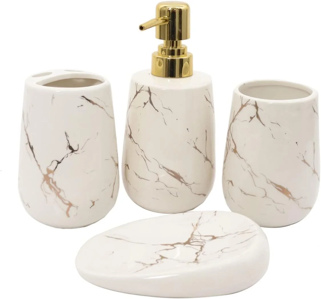 ست سرامیکی ۴ تکه لوازم بهداشتی اسکای‌واک - شامل جای مایع صابون، لیوان، جای صابون و جا مسواکی برای دکوراسیون حمام و هدیه منزل