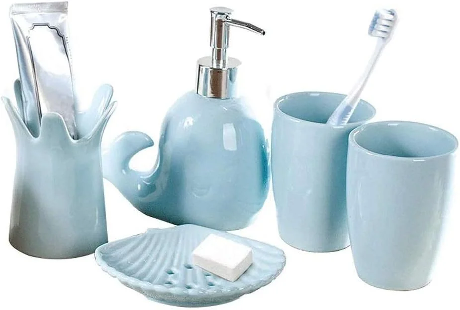 ست لوازم جانبی سرامیکی خلاقانه حمام، مجموعه 5 تکه شامل جا مایع صابون، جا مسواکی، لیوان مسواک، جا صابونی