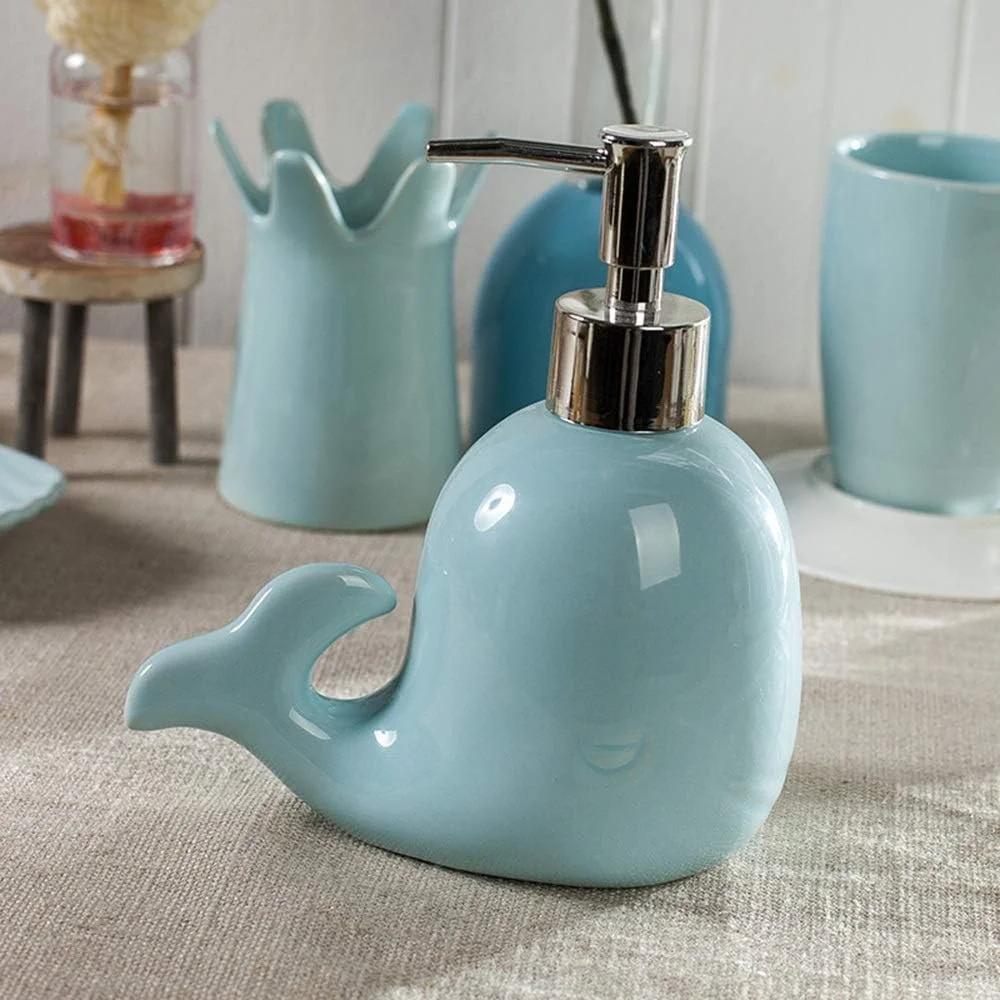 ست لوازم جانبی سرامیکی خلاقانه حمام، مجموعه 5 تکه شامل جا مایع صابون، جا مسواکی، لیوان مسواک، جا صابونی