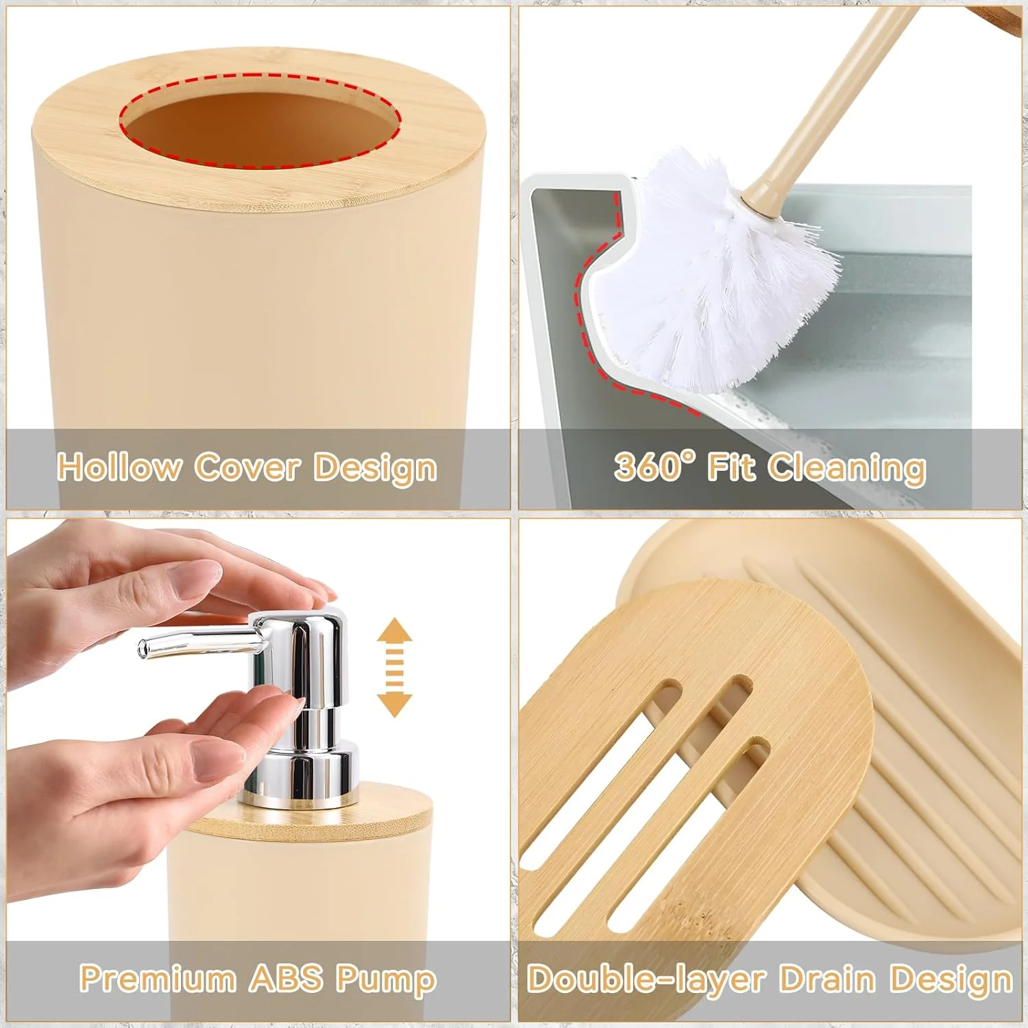 ست لوازم جانبی حمام SLDIYWOW، ست لوازم جانبی حمام 9 تکه بژ با سینی، سطل زباله، بطری لوسیون، جا مسواکی، لیوان مسواک، جا صابونی، برس توالت و جا پنبه‌ای برای حمام