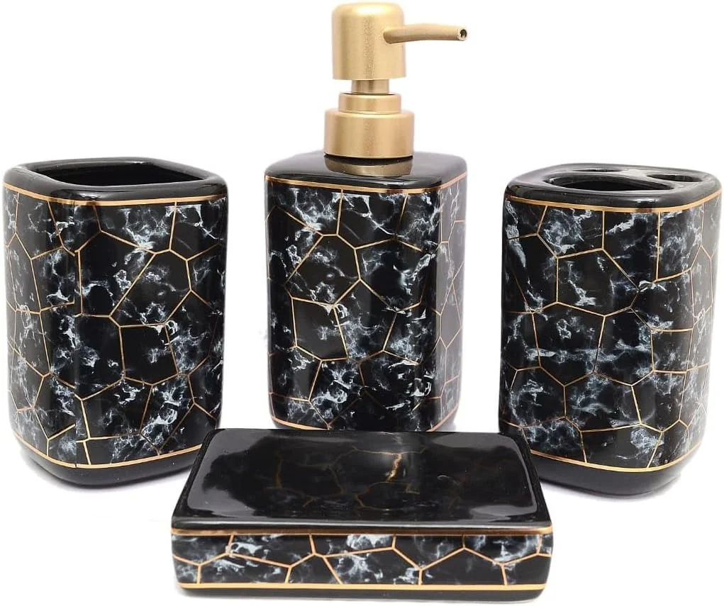 ست سرامیکی ۴ تکه لوازم بهداشتی Skywalk - شامل جا مایع صابون، لیوان، جا صابونی، جا مسواکی برای دکوراسیون حمام و هدیه منزل