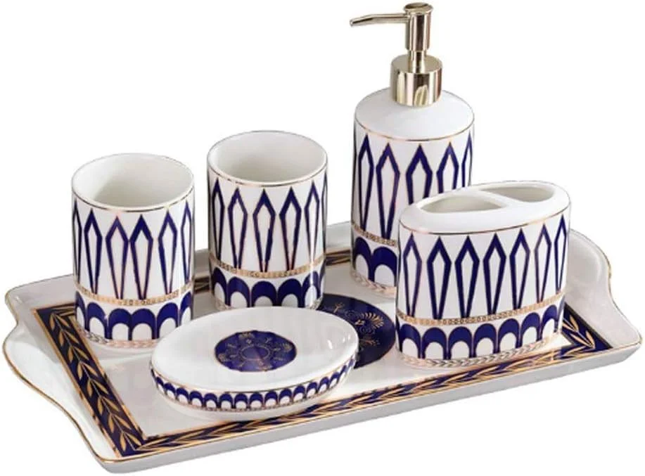 ست لوازم جانبی سرامیکی حمام 6 تکه شامل جا مایع دستشویی، جا مسواکی، لیوان دهانشویه، جا صابونی، سینی