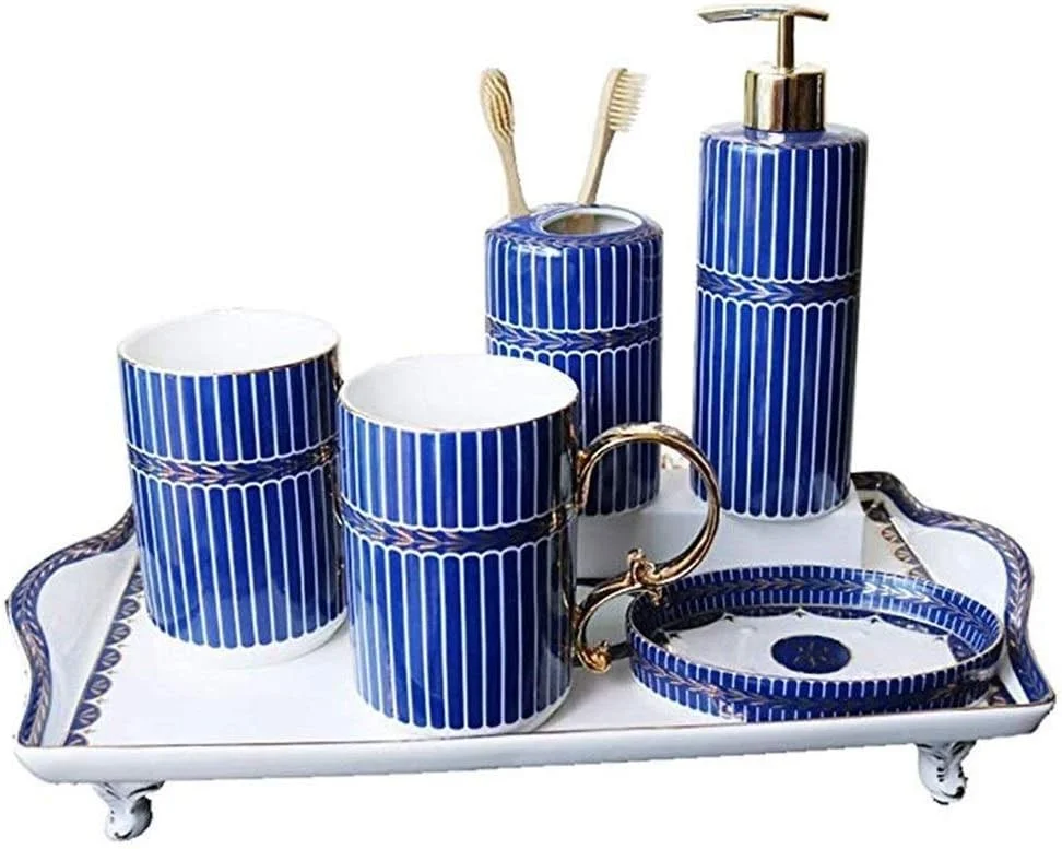 ست لوازم جانبی حمام SMLZV، ست هدیه سرامیکی خلاقانه شش تکه شامل جا مسواکی، لیوان مسواک، جا مایع صابون، جا صابونی، به همراه سینی
