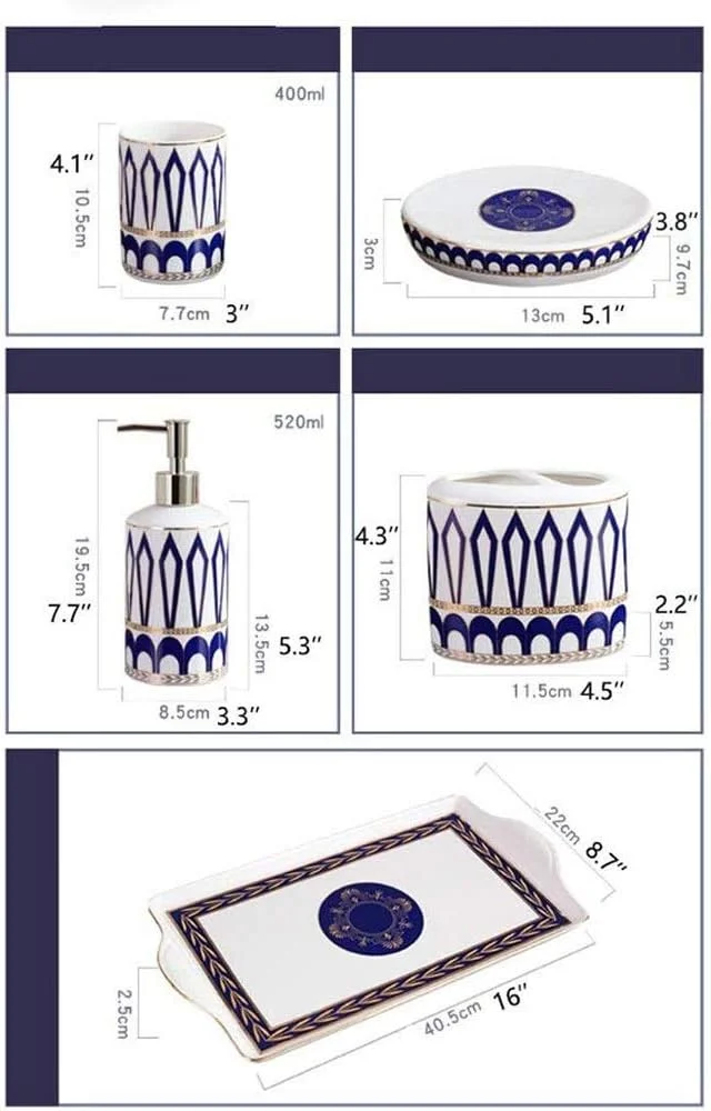 ست لوازم جانبی سرامیکی حمام 6 تکه شامل جا مایع دستشویی، جا مسواکی، لیوان دهانشویه، جا صابونی، سینی