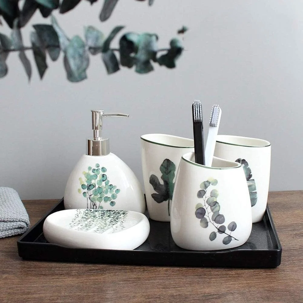 ست لوازم سرامیکی 5 تکه سرویس بهداشتی SMLZV، شامل جا مایع دستشویی رومیزی تزئینی، جا مسواکی، لیوان مسواک، جای صابون