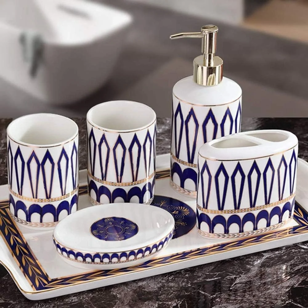 ست لوازم جانبی سرامیکی حمام 6 تکه شامل جا مایع دستشویی، جا مسواکی، لیوان دهانشویه، جا صابونی، سینی