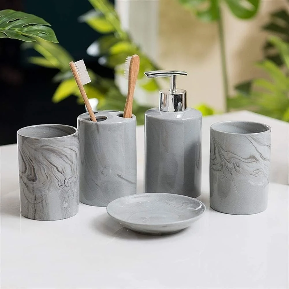 ست لوازم جانبی حمام SMLZV مدل 5 تکه، ست سرامیکی حمام با طرح سنگ مرمر شامل جا مسواکی، جا مایع صابون، جا صابونی، 2 عدد لیوان