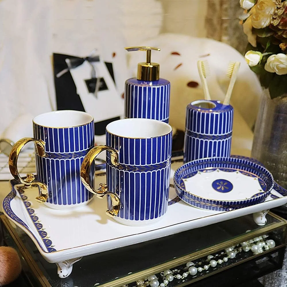 ست لوازم جانبی حمام SMLZV، ست هدیه سرامیکی خلاقانه شش تکه شامل جا مسواکی، لیوان مسواک، جا مایع صابون، جا صابونی، به همراه سینی