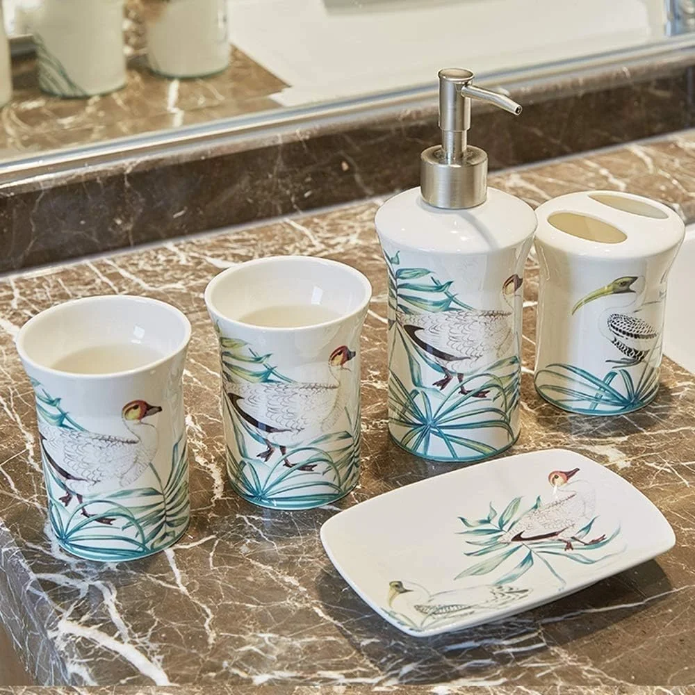 ست لوازم جانبی حمام SMLZV، ست سرامیکی پنج تکه به سبک چینی جدید شامل بطری ضدعفونی کننده، جا مسواکی، لیوان شستشو، جای صابون برای پیشخوان تزئینی