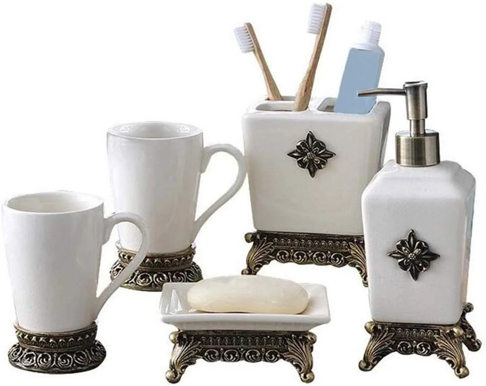 ست لوازم جانبی سرامیکی 5 تکه حمام شامل جای مایع صابون، جا مسواکی، لیوان و جا صابونی
