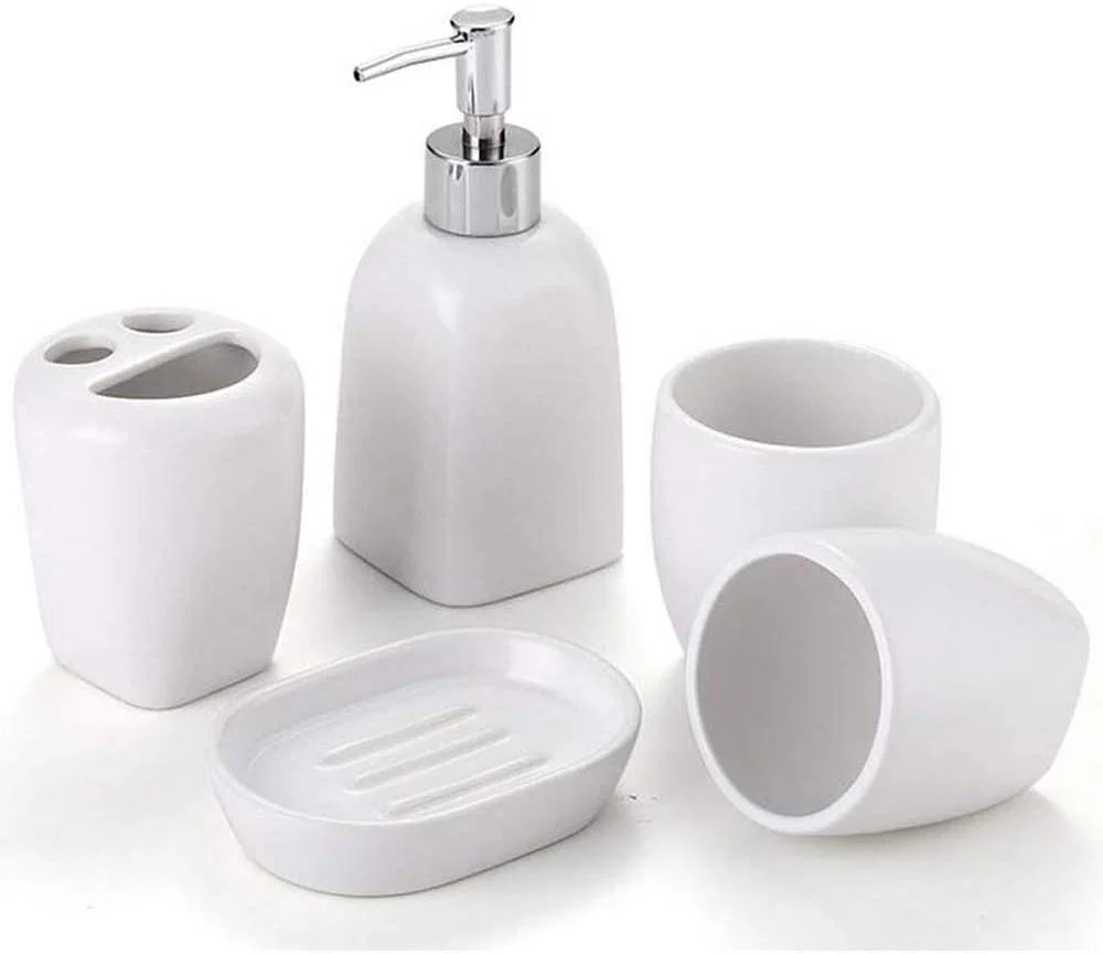 ست لوازم جانبی حمام سرامیکی سفید - شامل 5 تکه، شامل جا مایع صابون، جا مسواکی، لیوان دهانشویه، جا صابونی، مجموعه ست حمام شیک