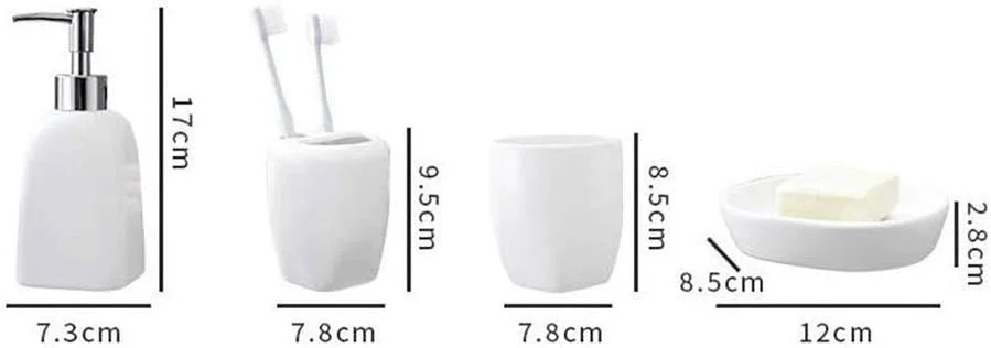 ست لوازم جانبی حمام سرامیکی سفید - شامل 5 تکه، شامل جا مایع صابون، جا مسواکی، لیوان دهانشویه، جا صابونی، مجموعه ست حمام شیک