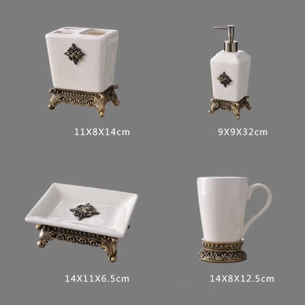 ست لوازم جانبی سرامیکی 5 تکه حمام شامل جای مایع صابون، جا مسواکی، لیوان و جا صابونی