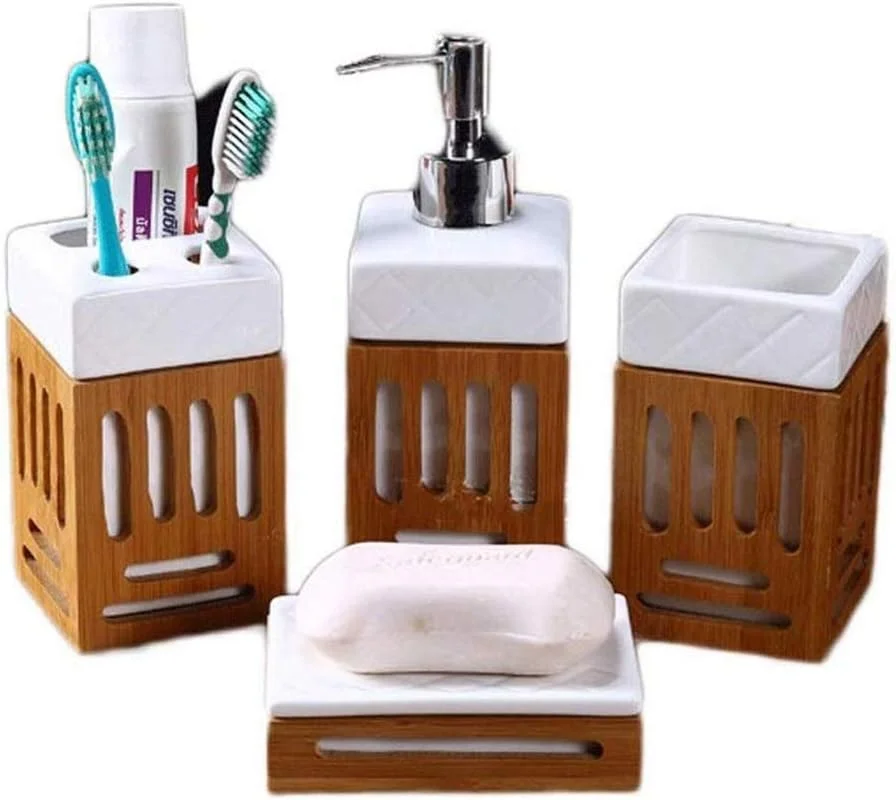 ست لوازم حمام سرامیکی بامبو ساده SMLZV، 4 تکه شامل جای مایع دستشویی، جا مسواکی برای دکوراسیون منزل، سازمان دهنده پیشخوان و روشویی، ست لوازم جانبی حمام