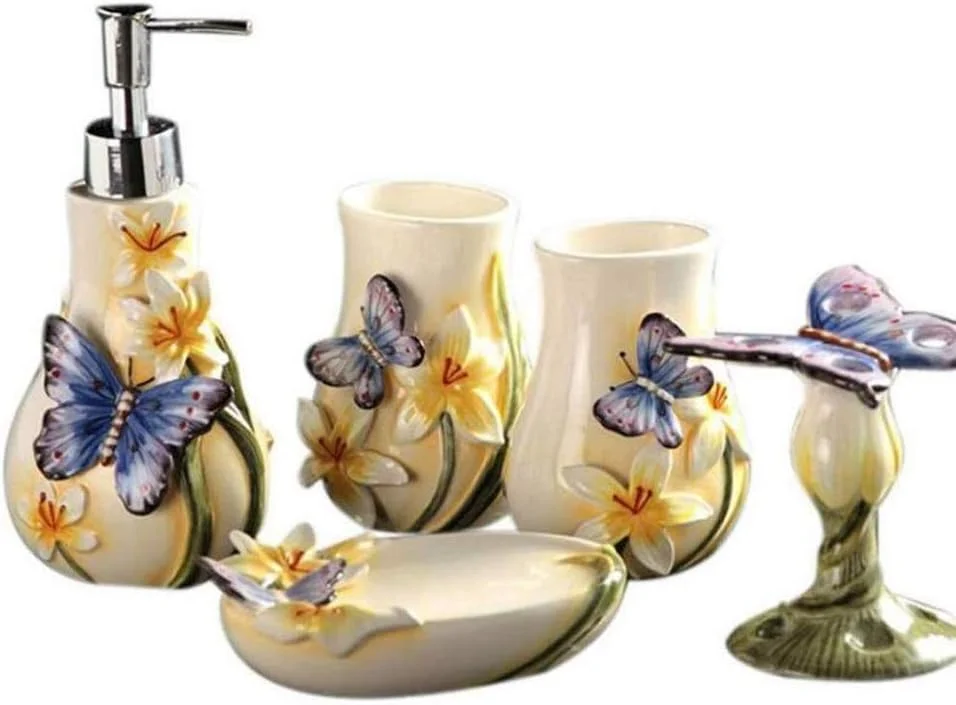 ست لوازم جانبی سرامیکی 5 تکه برای منزل، شامل: بطری لوسیون، جا مسواکی، لیوان، جا صابونی