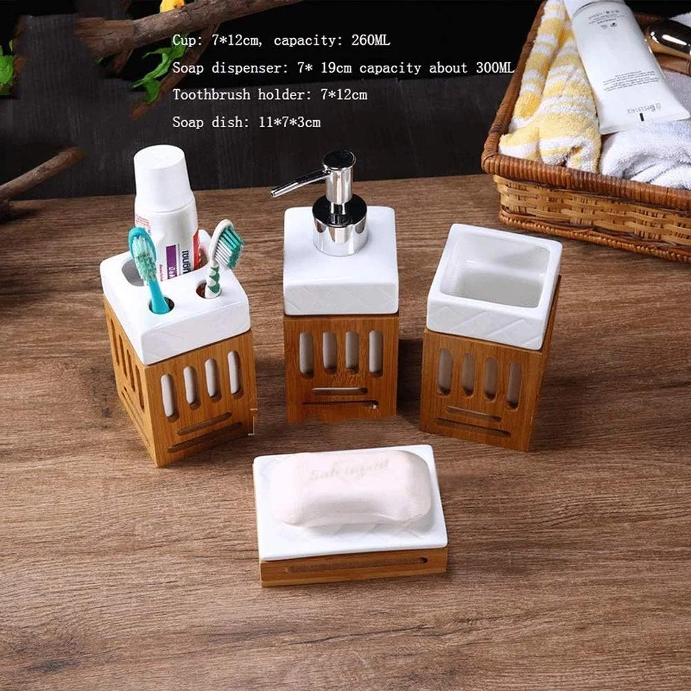 ست لوازم حمام سرامیکی بامبو ساده SMLZV، 4 تکه شامل جای مایع دستشویی، جا مسواکی برای دکوراسیون منزل، سازمان دهنده پیشخوان و روشویی، ست لوازم جانبی حمام