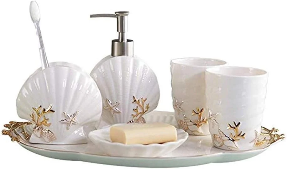 ست لوازم جانبی سرامیکی حمام، مجموعه 6 تکه لوازم حمام، مجموعه لوازم حمام به همراه سینی