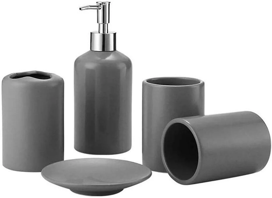 ست لوازم سرامیکی ۵ تکه سرویس بهداشتی شامل جای مایع دستشویی، جا مسواکی، لیوان و جا صابونی