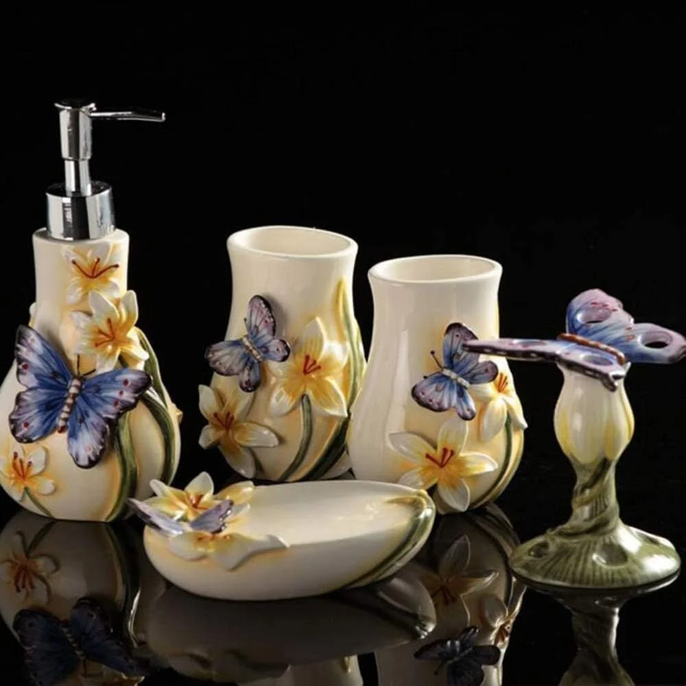 ست لوازم جانبی سرامیکی 5 تکه برای منزل، شامل: بطری لوسیون، جا مسواکی، لیوان، جا صابونی