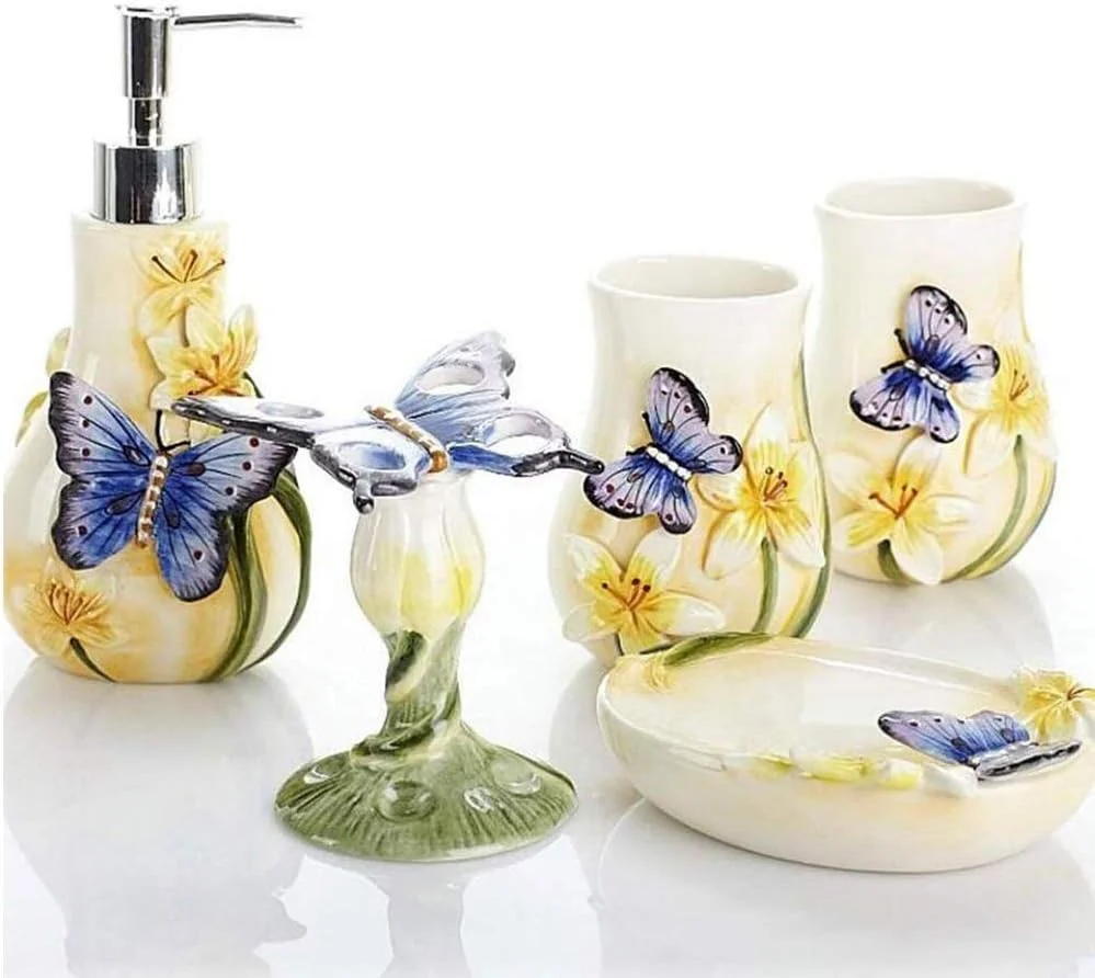 ست لوازم جانبی سرامیکی 5 تکه برای منزل، شامل: بطری لوسیون، جا مسواکی، لیوان، جا صابونی