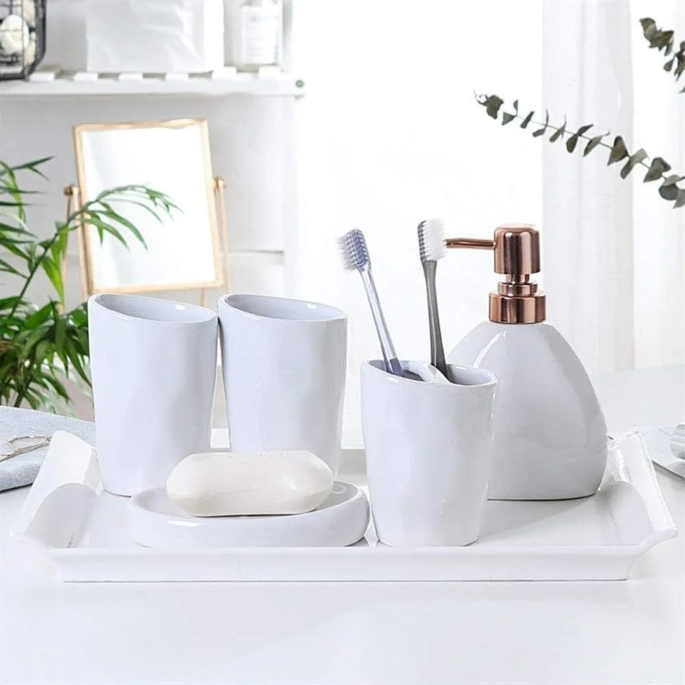 ست شش تکه لوازم حمام SMLZV، ست سرامیکی حمام با سینی، دکوری دو نفره حمام، دکور هتل