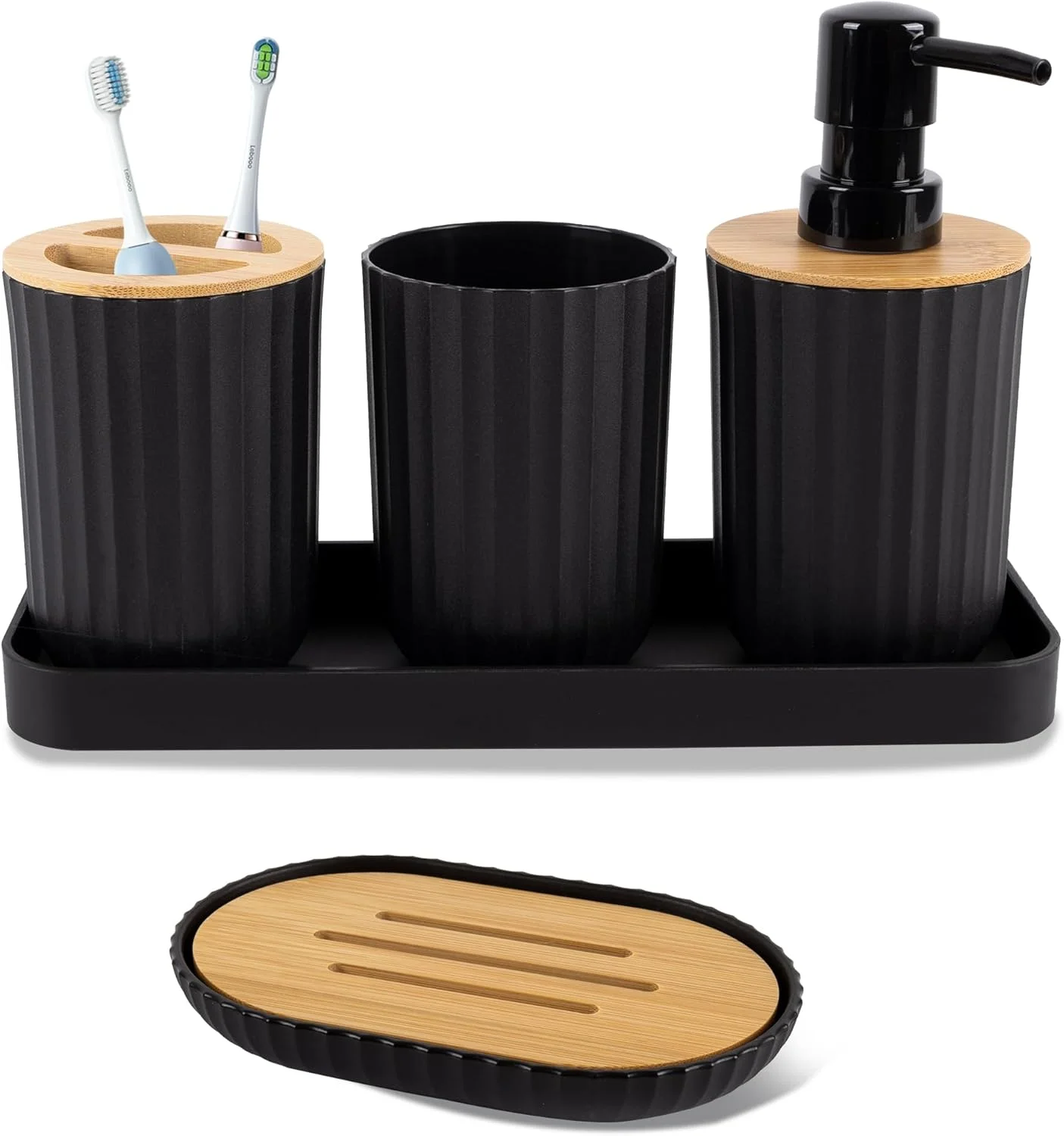 ست لوازم جانبی حمام 5 تکه، ست حمام مشکی، جای مایع دستشویی بامبو و جا مسواکی، جا صابونی
