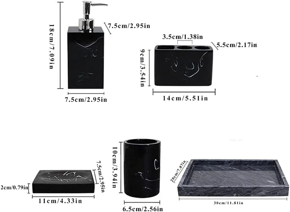 جا مایع صابون برای حمام، ست لوازم جانبی حمام - ست 6 تکه رومیزی برای هتل، دستشویی، جا مایع صابون، جا مسواکی، لیوان، جا صابونی و سینی رزین مرمری مشکی برای مایع دستشویی