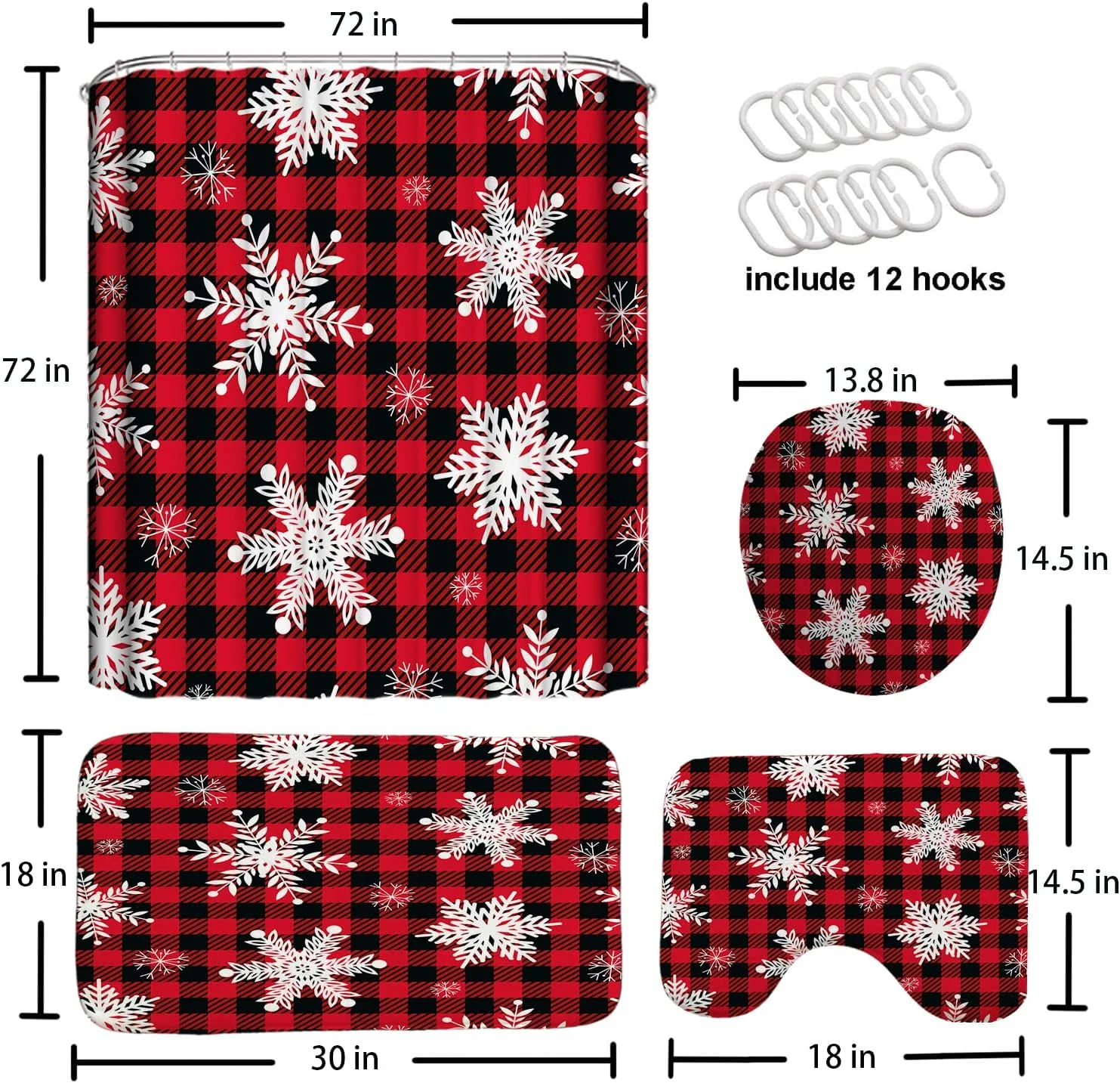 پرده حمام طرح دانه برف قرمز کریسمس 4 تکه برای حمام، پرده حمام زمستانی کریسمس، روکش درب توالت، پادری حمام، پرده حمام ضد آب طرح چهارخانه بوفالو قرمز با ست فرش برای دکوراسیون حمام