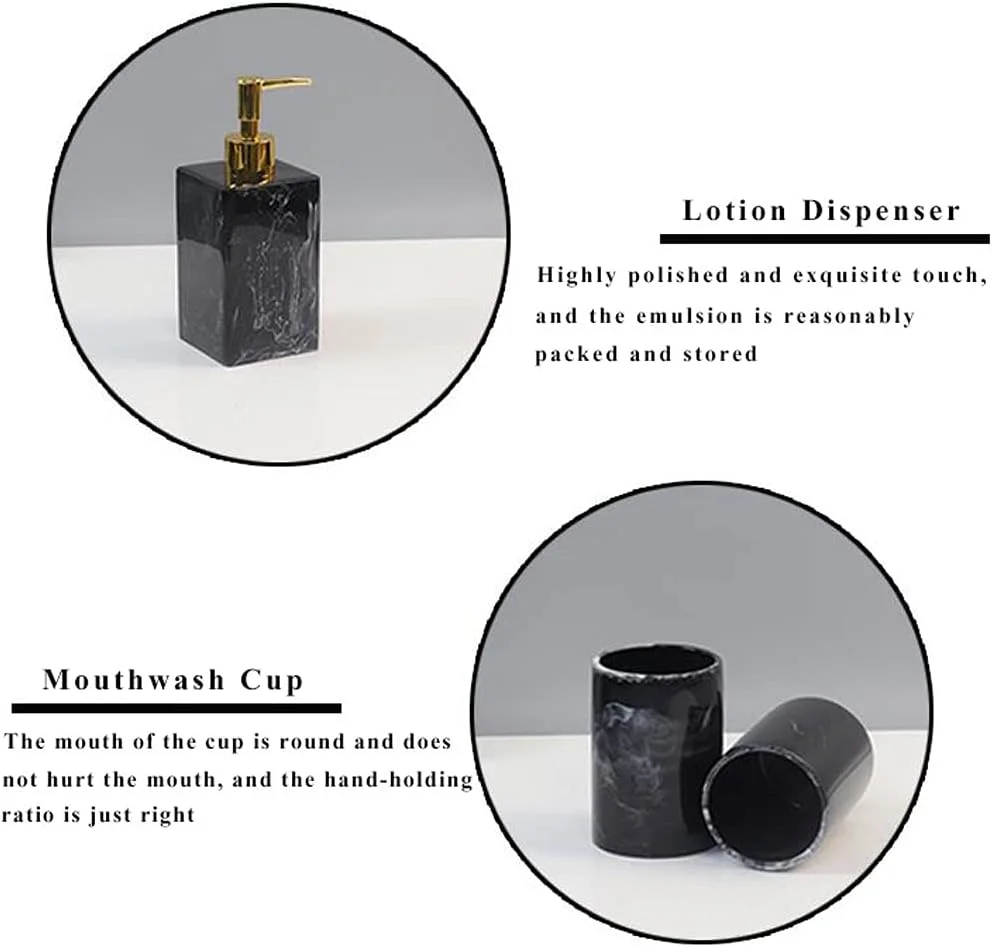 جا مایع صابون برای حمام، ست لوازم جانبی حمام - ست 6 تکه رومیزی برای هتل، دستشویی، جا مایع صابون، جا مسواکی، لیوان، جا صابونی و سینی رزین مرمری مشکی برای مایع دستشویی