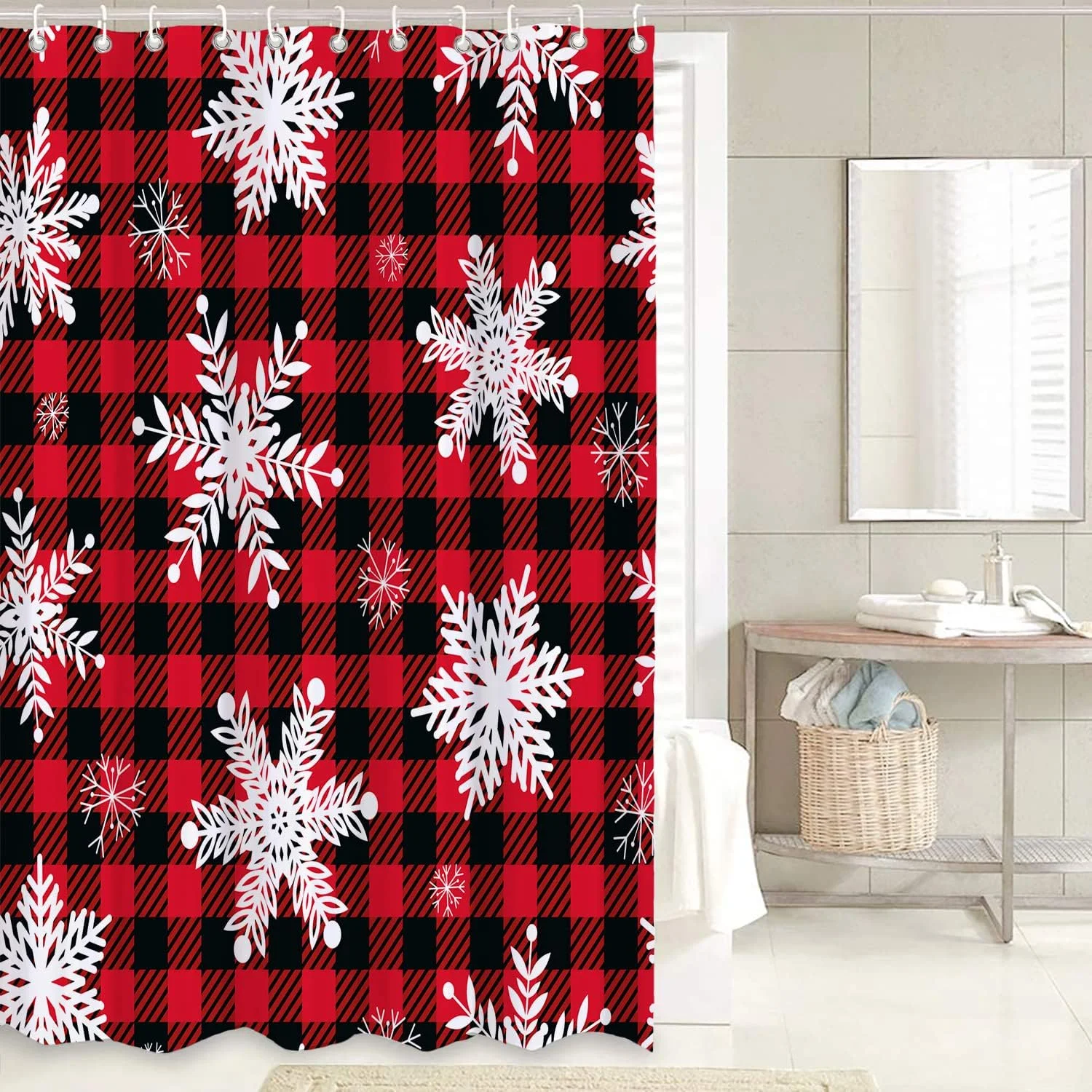 پرده حمام طرح دانه برف قرمز کریسمس 4 تکه برای حمام، پرده حمام زمستانی کریسمس، روکش درب توالت، پادری حمام، پرده حمام ضد آب طرح چهارخانه بوفالو قرمز با ست فرش برای دکوراسیون حمام