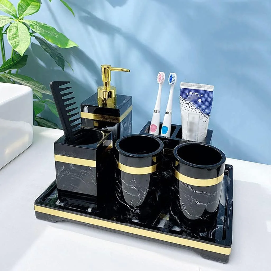 ست لوازم جانبی حمام 7 تکه - جا مایع دستشویی، جا مسواکی، لیوان، جا صابونی، جا پنبه و سینی، جا مایع دستشویی رزینی طرح سنگ مرمر برای حمام و آشپزخانه (رنگ: مشکی)