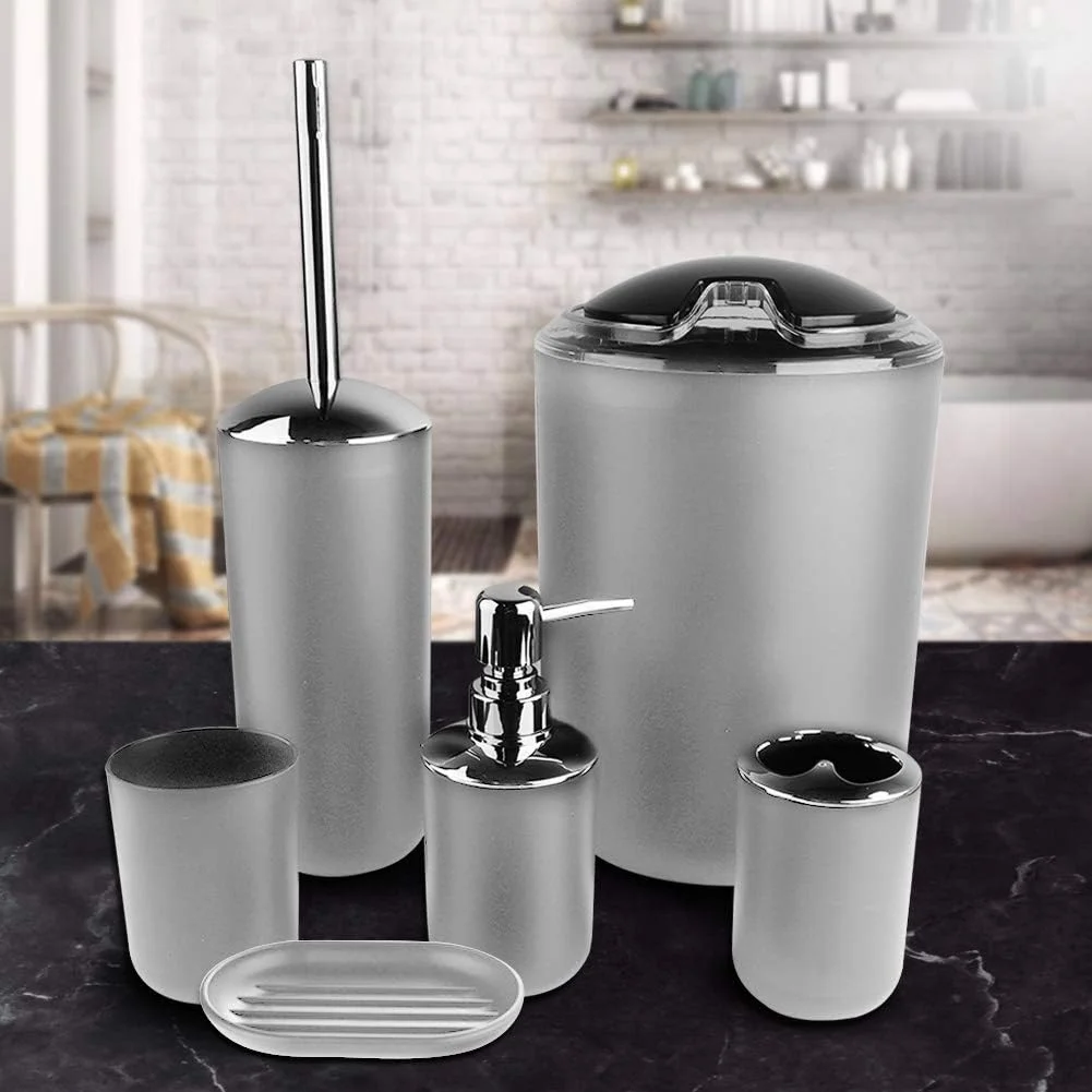 ست لوازم جانبی حمام سون هوا 6 تکه، شامل جا مسواکی پلاستیکی، سطل زباله، جا مایع صابون، جا صابونی، برس توالت با نگهدارنده