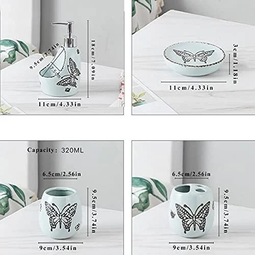 ست لوازم جانبی حمام شامل جا مایع دستشویی - 5 تکه سرامیکی شامل جا مایع، جا مسواکی، لیوان و جا صابونی، بطری های آبی و صورتی