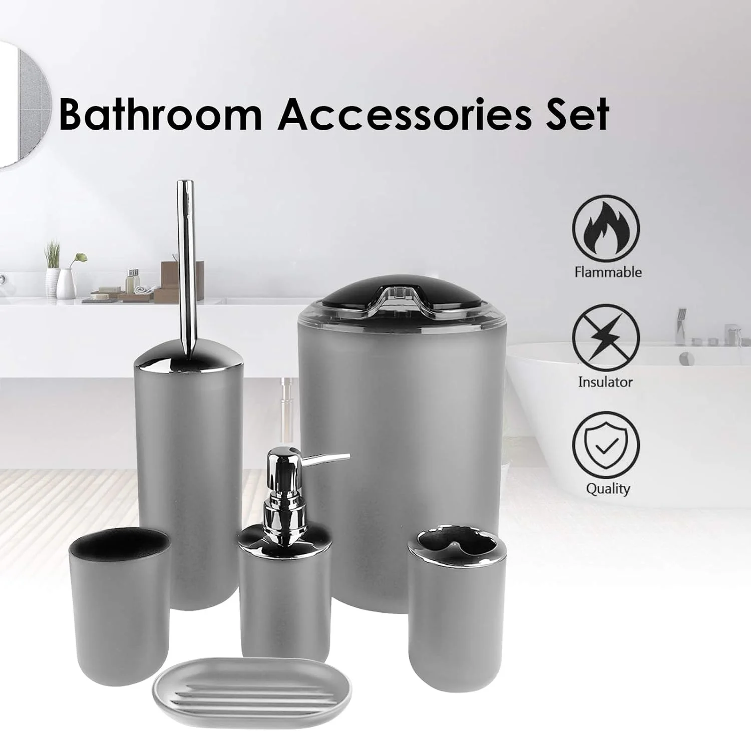 ست لوازم جانبی حمام سون هوا 6 تکه، شامل جا مسواکی پلاستیکی، سطل زباله، جا مایع صابون، جا صابونی، برس توالت با نگهدارنده