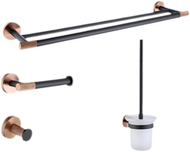 ست لوازم جانبی حمام استیل ضد زنگ مشکی مات طلایی رز، شامل جا حوله ای، جا دستمال کاغذی، جا برس توالت، ست 4 تکه مدل A