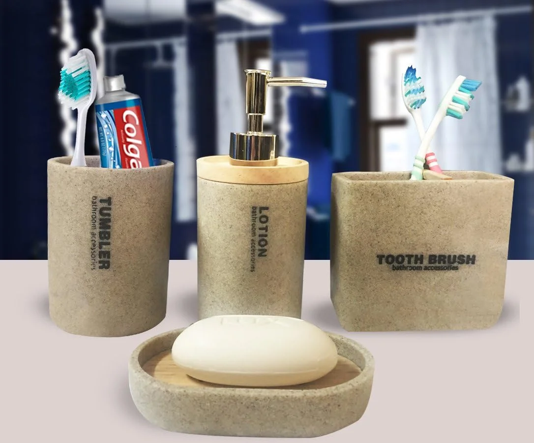 ست چهارتکه لوازم سرویس بهداشتی، جنس پلی رزین طرح سنگ طبیعی و چوب - شامل جا مایع دستشویی، جا مسواکی، لیوان و جا صابونی