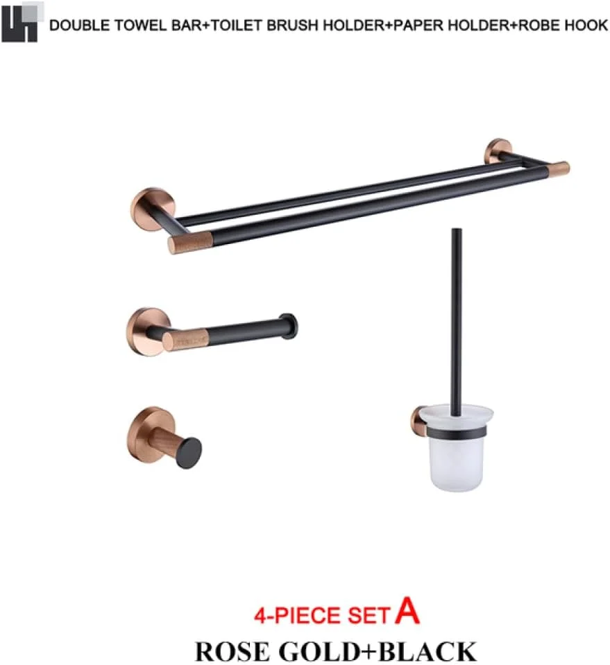 ست لوازم جانبی حمام استیل ضد زنگ مشکی مات طلایی رز، شامل جا حوله ای، جا دستمال کاغذی، جا برس توالت، ست 4 تکه مدل A