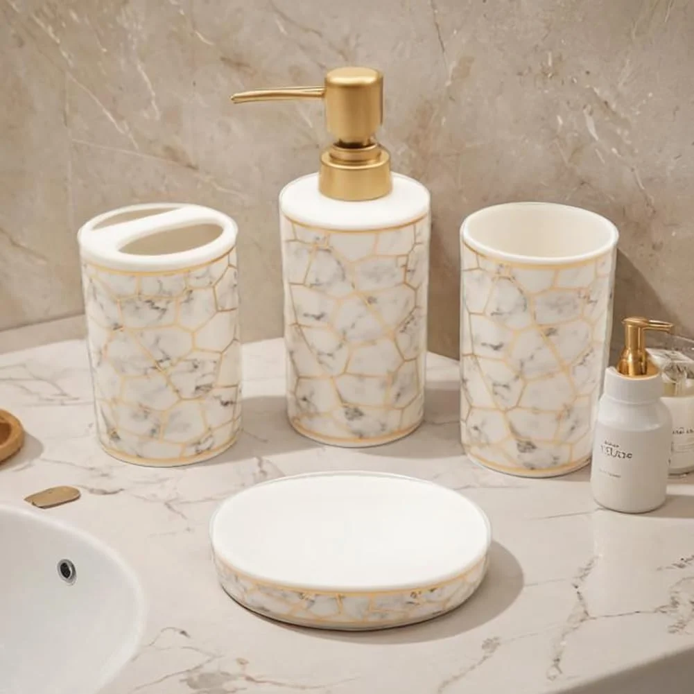 ست سرامیکی 4 تکه لوازم بهداشتی STORE 2508 شامل جای مایع دستشویی، جا صابونی، جا مسواکی و لیوان (سفید)