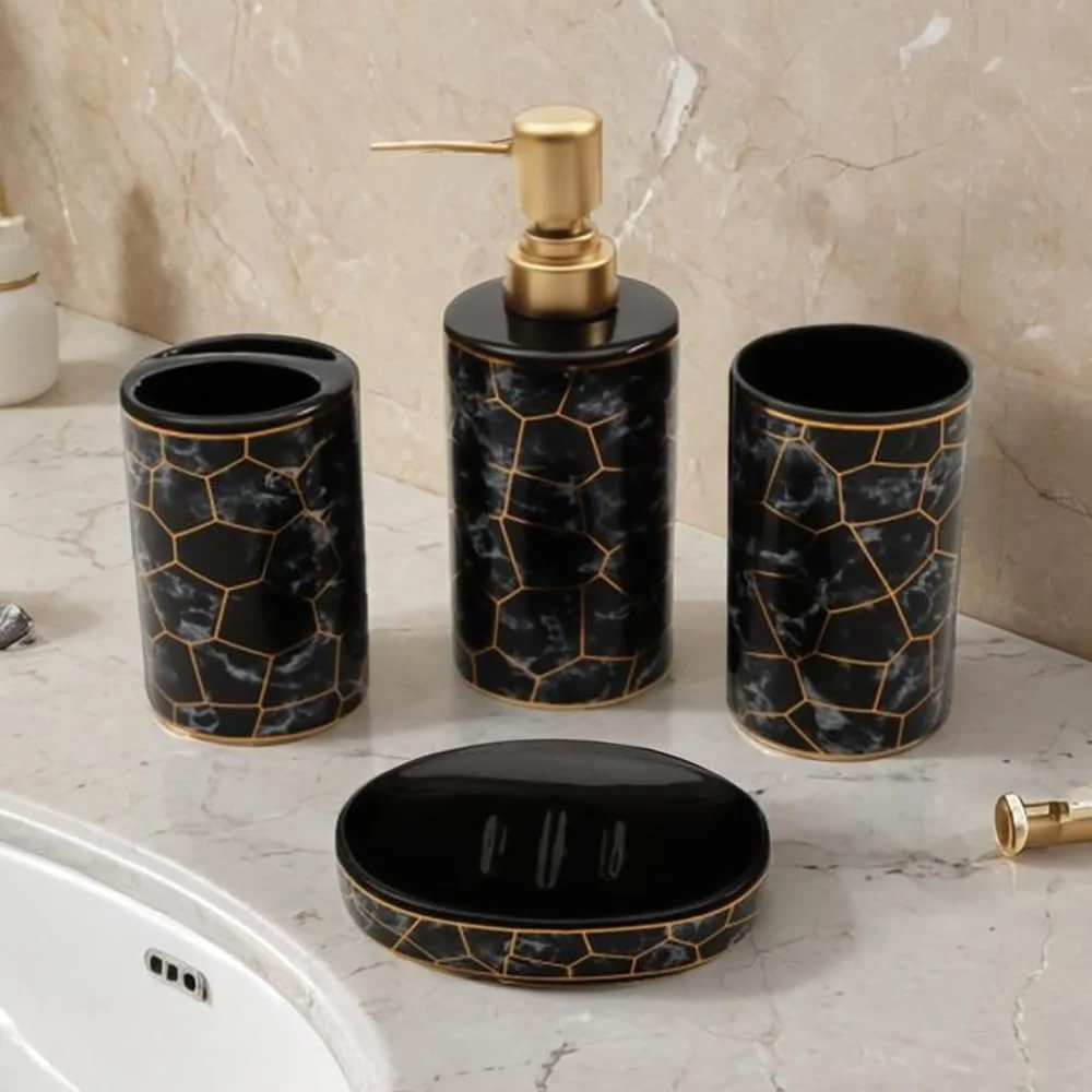 ست سرامیکی 4 تکه لوازم بهداشتی حمام شامل جا مایع دستشویی، جا صابونی، جا مسواکی و لیوان (مشکی)