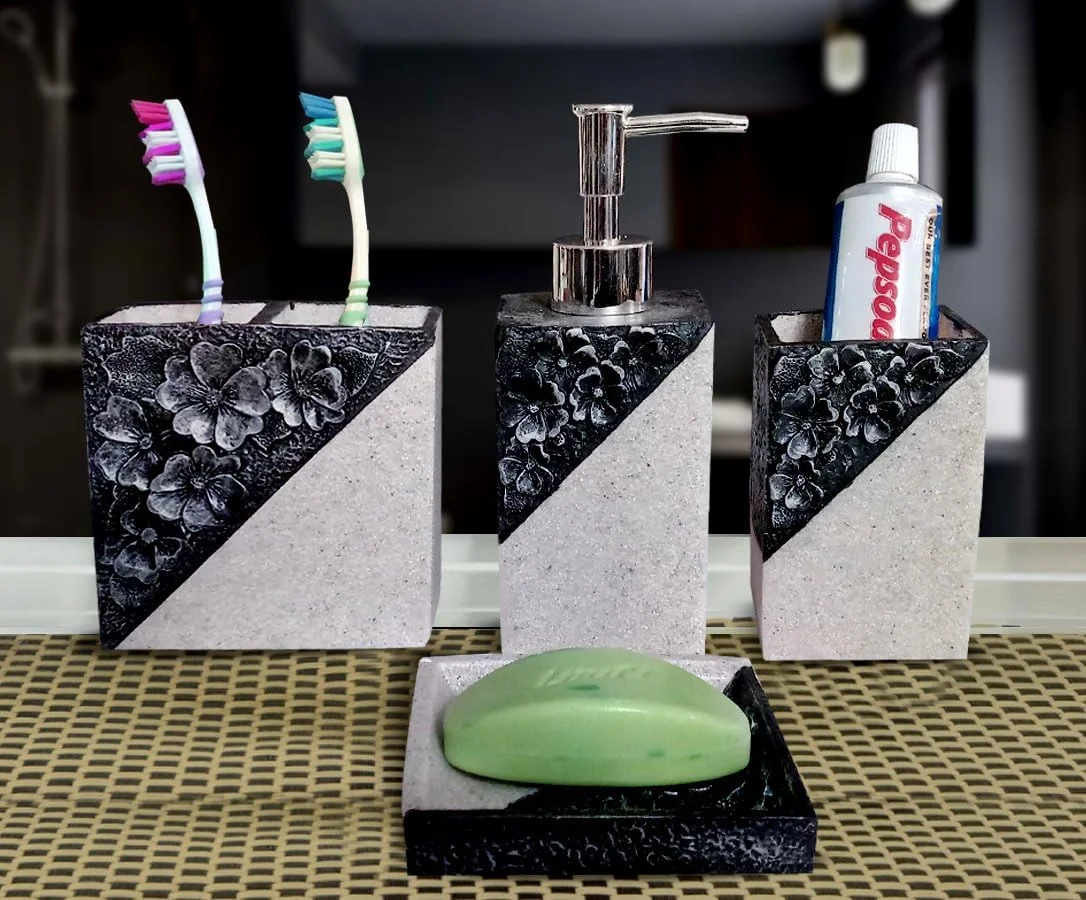 ست ۴ تکه لوازم سرویس بهداشتی رزین پلی استون طرح سنگ طبیعی استرلینگ SMS-356 شامل جا مایع دستشویی، جا مسواکی، لیوان و جا صابونی