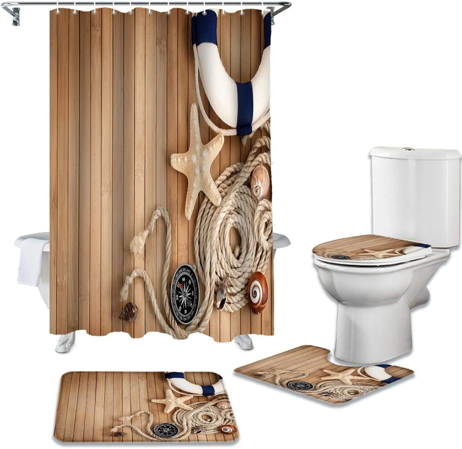 ست پرده حمام طرح ستاره دریایی با تخته چوبی، ضدآب و بادوام، شامل فرش حمام، روکش صندلی توالت و پادری