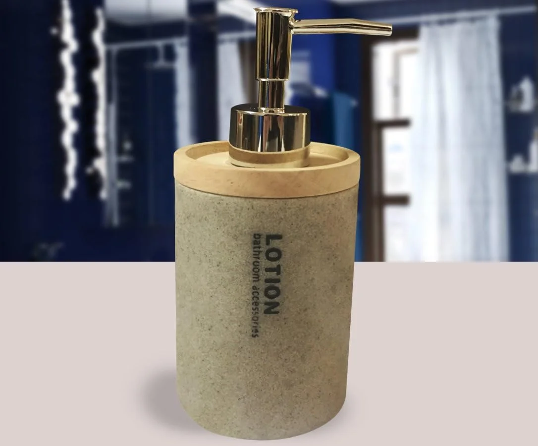 ست چهارتکه لوازم سرویس بهداشتی، جنس پلی رزین طرح سنگ طبیعی و چوب - شامل جا مایع دستشویی، جا مسواکی، لیوان و جا صابونی