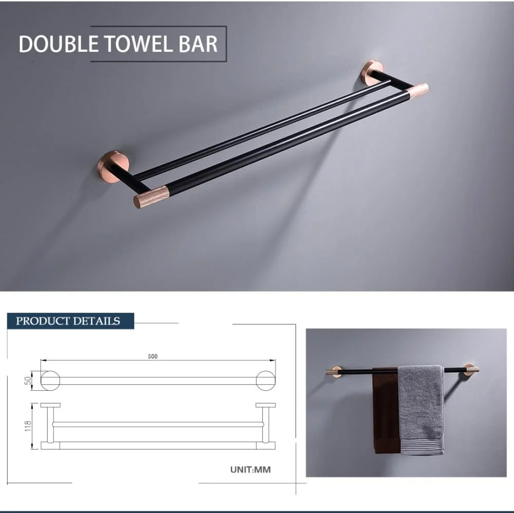 ست لوازم جانبی حمام استیل ضد زنگ مشکی مات طلایی رز، شامل جا حوله ای، جا دستمال کاغذی، جا برس توالت، ست 4 تکه مدل A