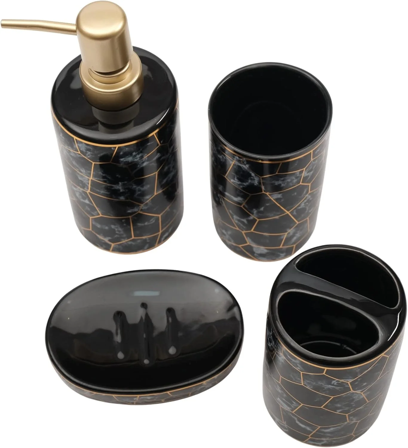 ست سرامیکی 4 تکه لوازم بهداشتی حمام شامل جا مایع دستشویی، جا صابونی، جا مسواکی و لیوان (مشکی)