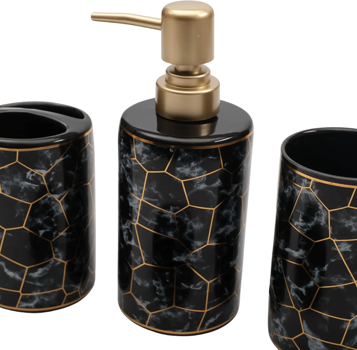 ست سرامیکی 4 تکه لوازم بهداشتی حمام شامل جا مایع دستشویی، جا صابونی، جا مسواکی و لیوان (مشکی)