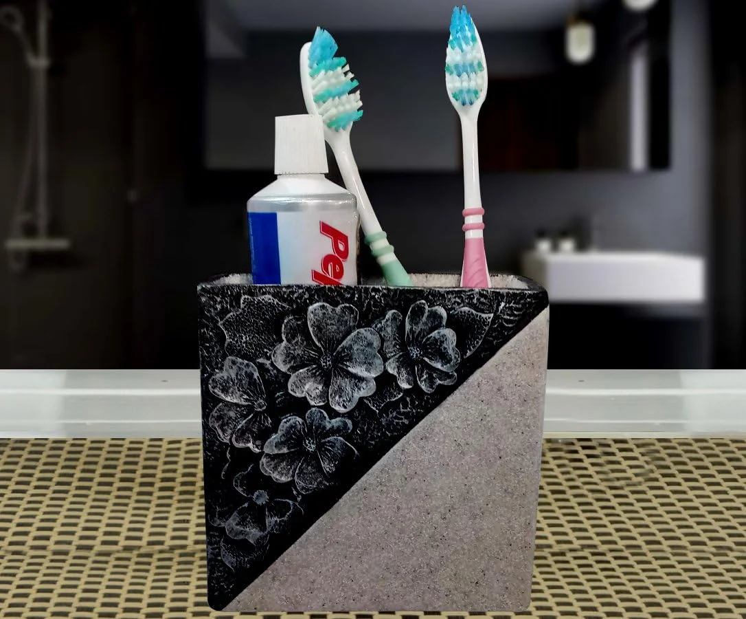 ست ۴ تکه لوازم سرویس بهداشتی رزین پلی استون طرح سنگ طبیعی استرلینگ SMS-356 شامل جا مایع دستشویی، جا مسواکی، لیوان و جا صابونی